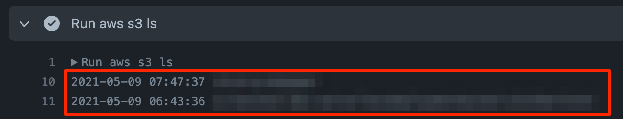 スクリーンショット：GitHub Actions の実行結果。S3 のバケット一覧が表示されている